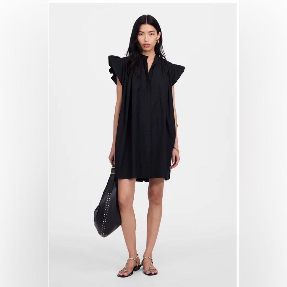 New Madewell Flutter Sleeve Button Front Poplin Minidress Black Size Medium